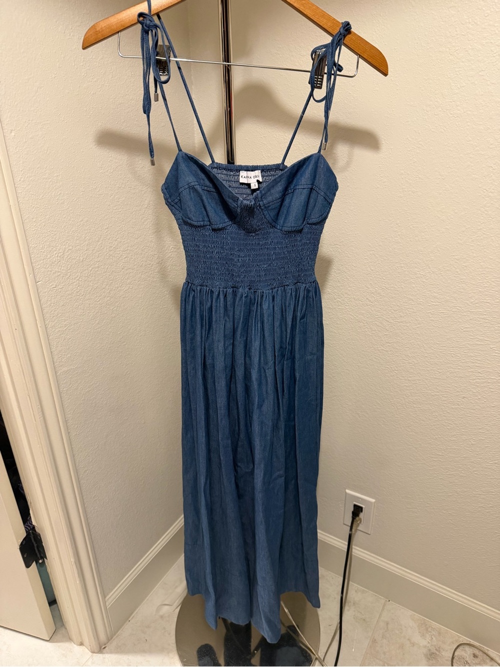 Karina Grimaldi Denim-Blue Smocked Maxi Dress with Tie Straps